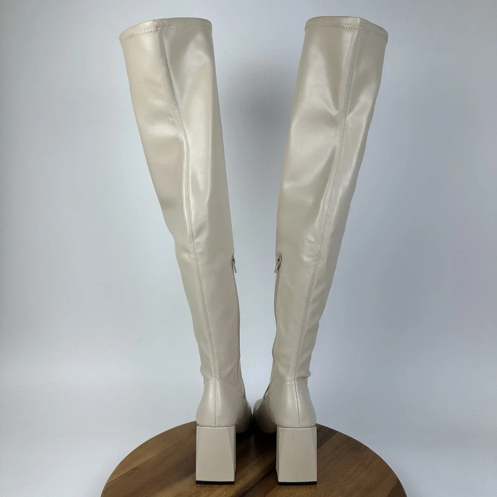 New Womens Open Edit Briar Cream Faux Leather Over The Knee Heeled Boots Size 9